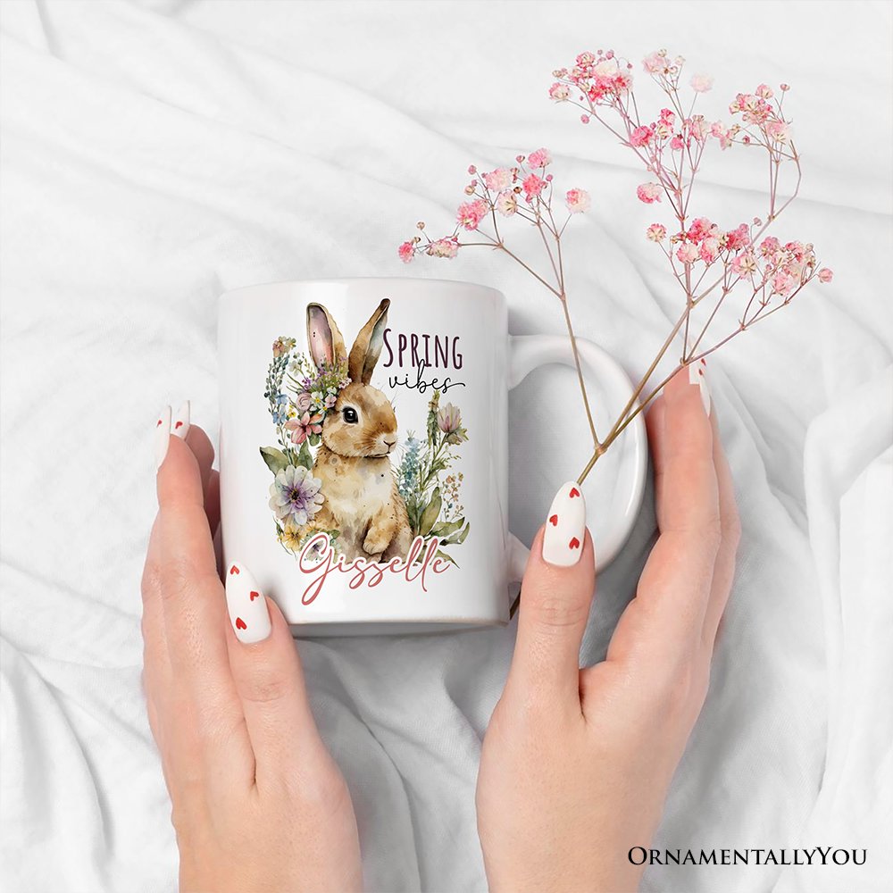 Artistic Watercolor Spring Vibes Personalized Mug, Floral Bunny Custom Gift with Name