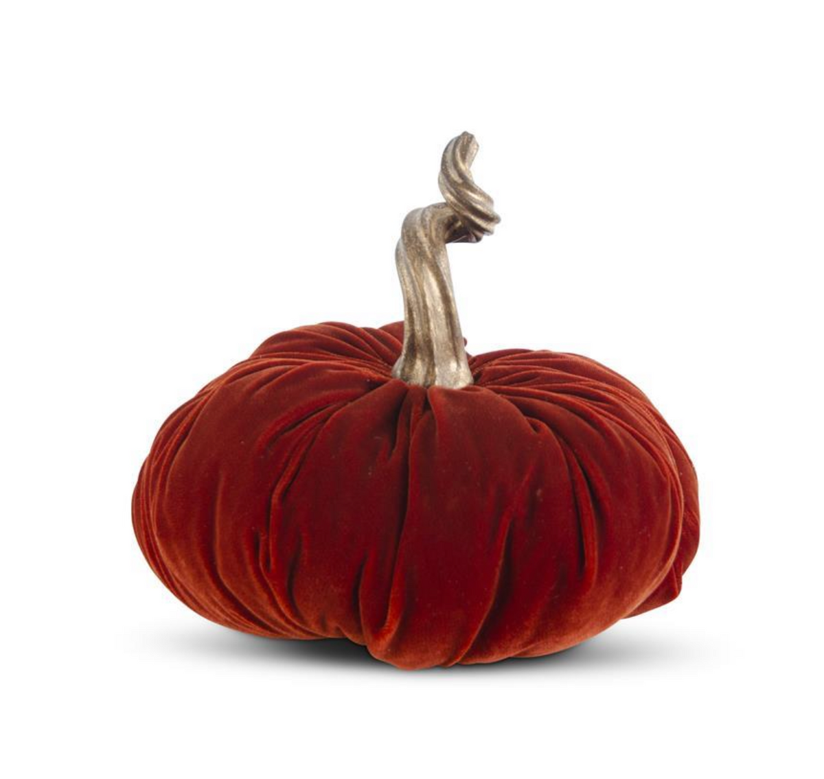 10 INCH DARK ORANGE VELVET STUFFED PUMPKIN W/TWISTED GOLD STEM