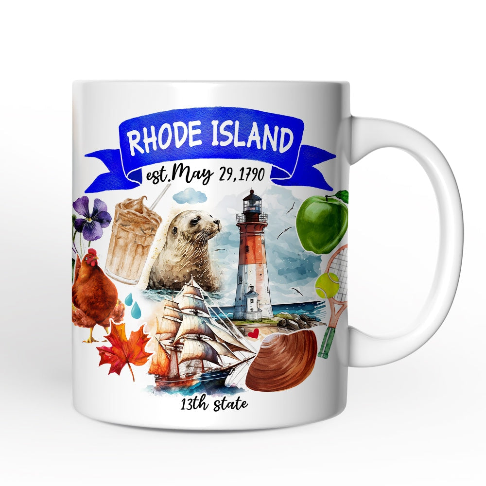 Artistic Rhode Island State Themes and Landmarks Personalized Mug With Custom Name