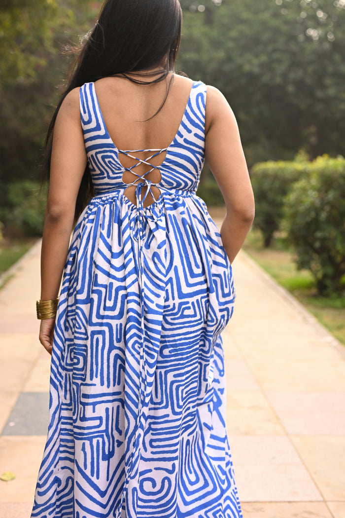 Azure Maze Printed Padded Midi Dress