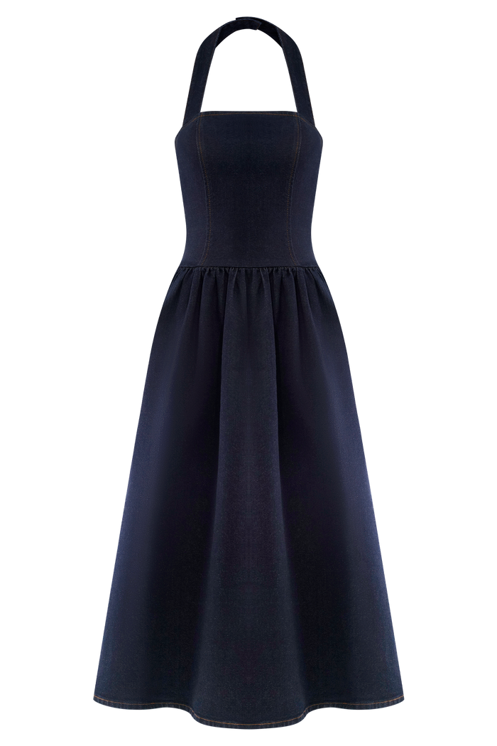 Caroline Denim Halter Midi Dress - Indigo Blue