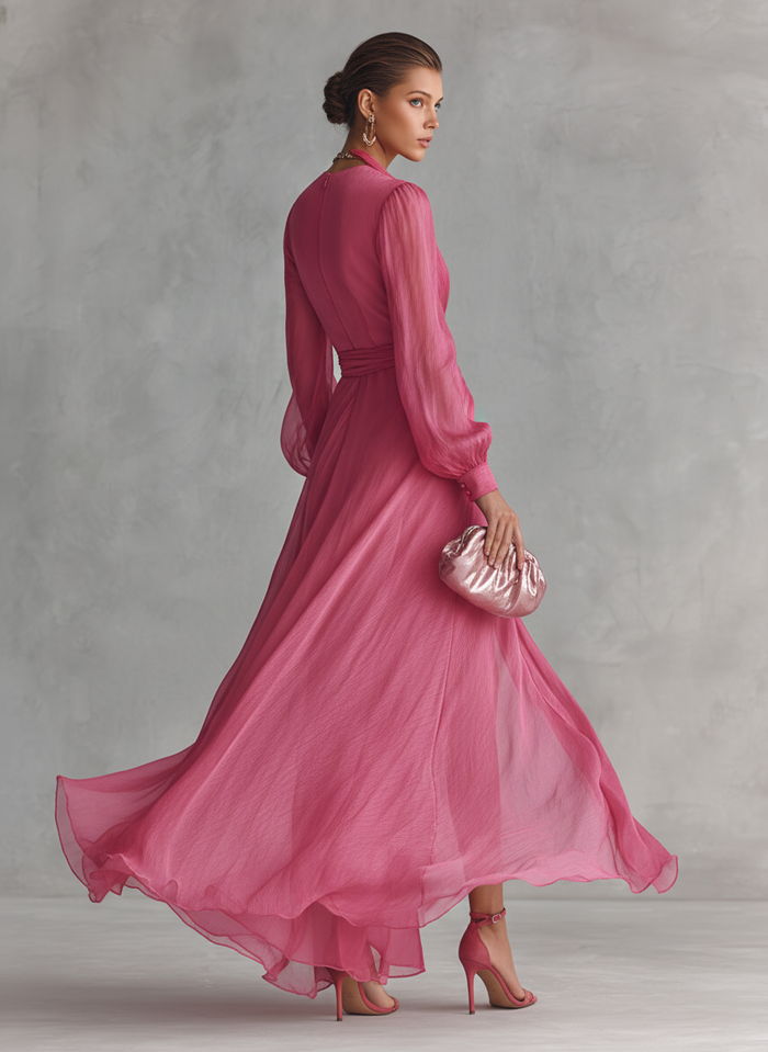 ๐ธ Elegant Pink Chiffon Maxi Dress with Pearls and V-Neck for Women
