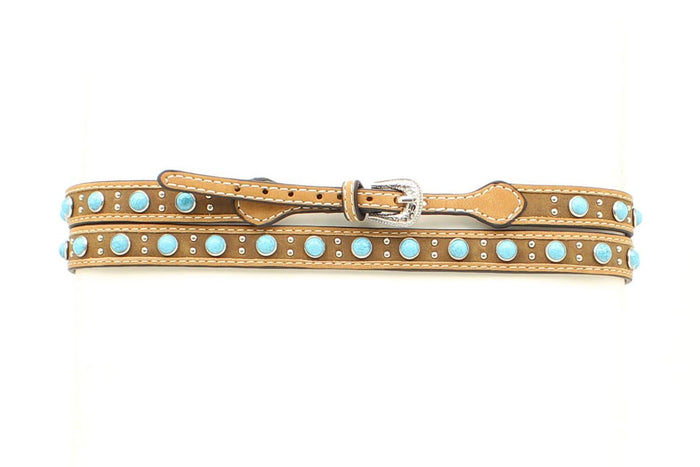 Medium Brown Leather Hat Band with Turquoise Stones & Studs