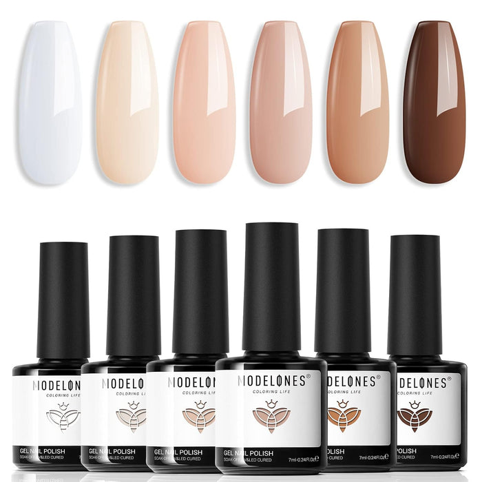 modelones Gel Nail Polish Set- 6 Colors White Nude Brown Khaki