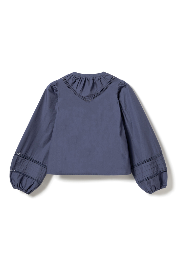 Noella 15050001 N-Marceline Blouse Dusty Blue cotton tie front blouse with balloon sleeves at Dotique