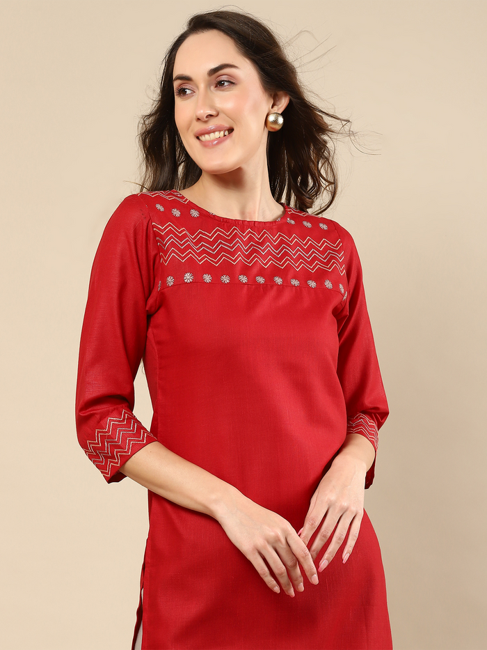 Red Embroidered Cotton Kurta