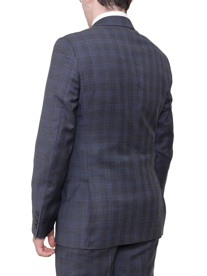 Label E TWO PIECE SUITS Slim Fit Gray With Blue Windowpane Two Button Wool Suit