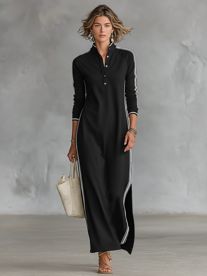 ๐ธ Women's Maxi Sweatshirt Dress with Button-Down Collar and White Trim