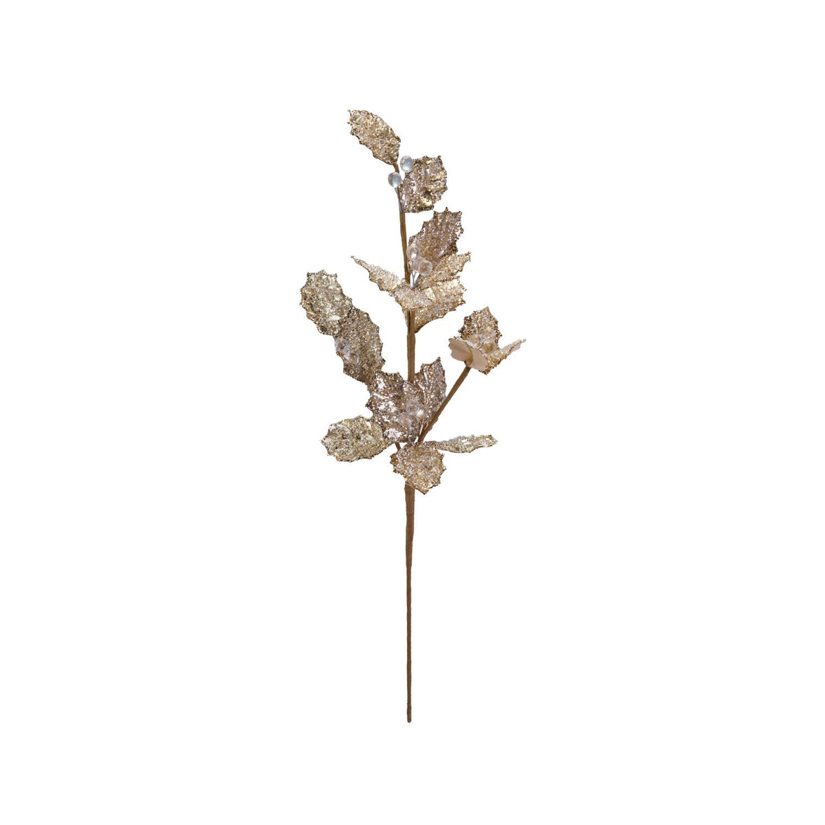 24"H Faux Leaf Stem with Beads & Glitter, Gold Color & Ice Finish