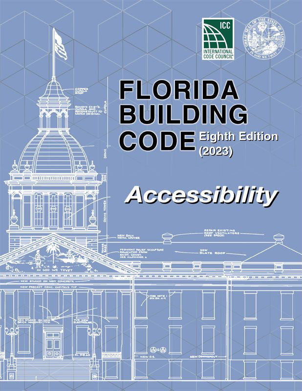 Light blue cover of Florida Building Code Accessibility 8th Edition 2023 with architectural blueprint and official seals