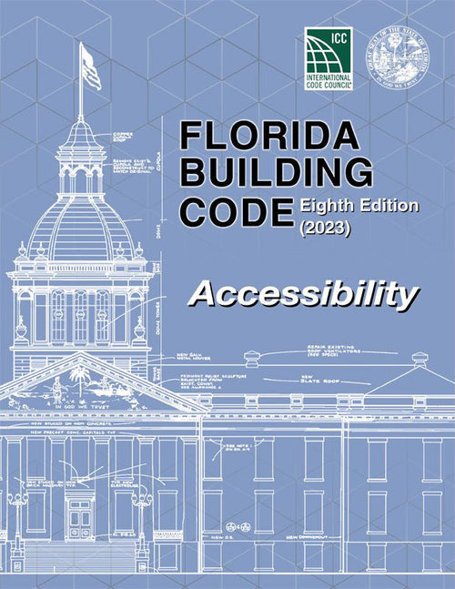 Light blue cover of Florida Building Code Accessibility 8th Edition 2023 with architectural blueprint and official seals