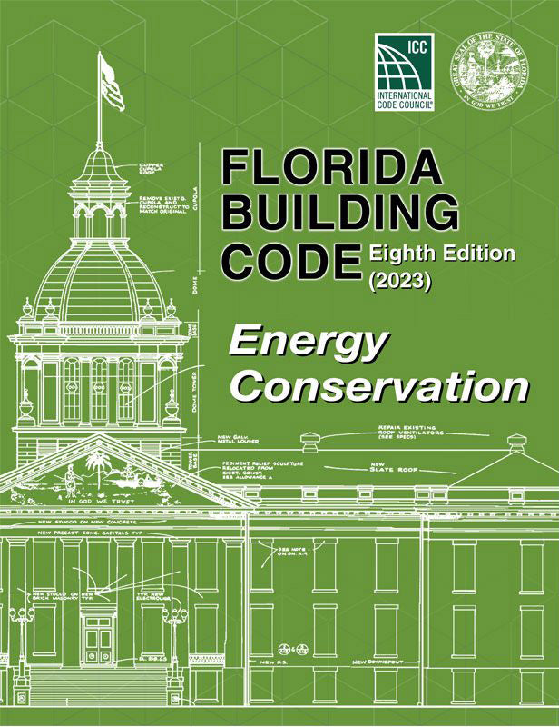 Green cover of 2023 Florida Building Code Energy Conservation Eighth Edition with detailed architectural line drawing and seals visible