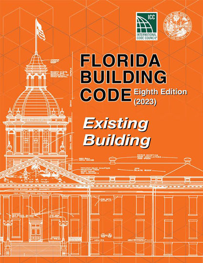 Orange book cover of 2023 Florida Building Code Existing Building Eighth Edition with architectural line drawing and official seals