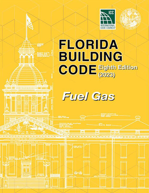 Yellow cover of 2023 Florida Building Code Fuel Gas Eighth Edition featuring architectural blueprint and official seals