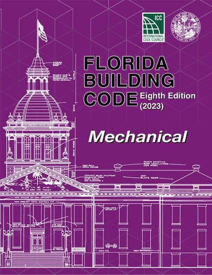 Purple cover of 2023 Florida Building Code Mechanical Eighth Edition with white architectural blueprint and official logos visible
