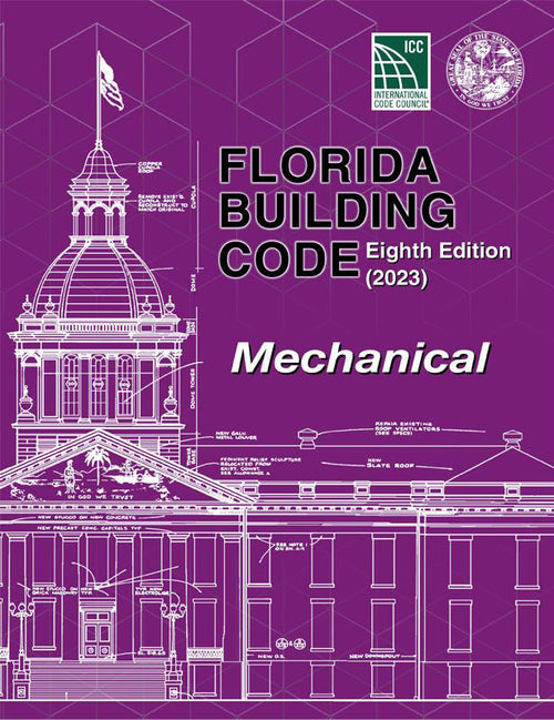 Purple cover of 2023 Florida Building Code Mechanical Eighth Edition with white architectural blueprint and official logos visible