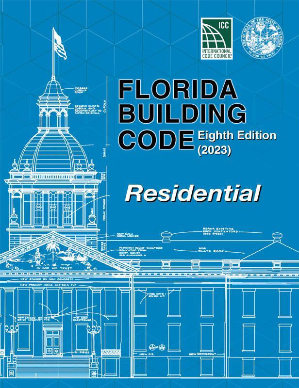Blue cover of 2023 Florida Building Code Residential Eighth Edition with architectural blueprint and official seals visible