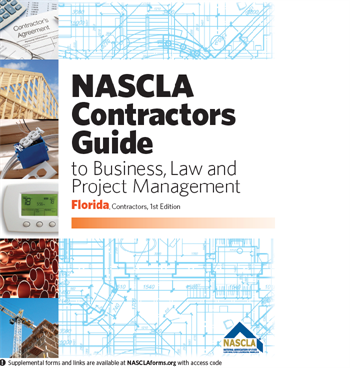 Cover of NASCLA Contractors Guide to Business, Law, and Project Management Florida edition with construction and blueprint background