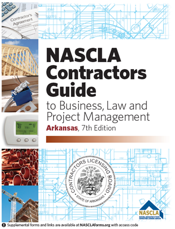 Cover of NASCLA Contractors Guide Arkansas 7th Edition with construction images, state seal, and blueprint background for contractor exam prep