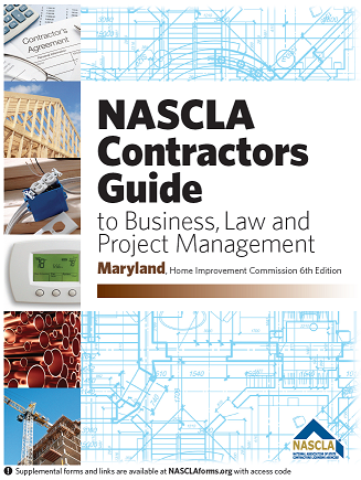 Cover of NASCLA Contractors Guide Maryland 6th Edition with construction site photos and blueprint background details