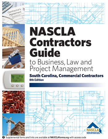 Cover of NASCLA Contractors Guide 8th Edition for South Carolina commercial contractors with blueprint and construction images