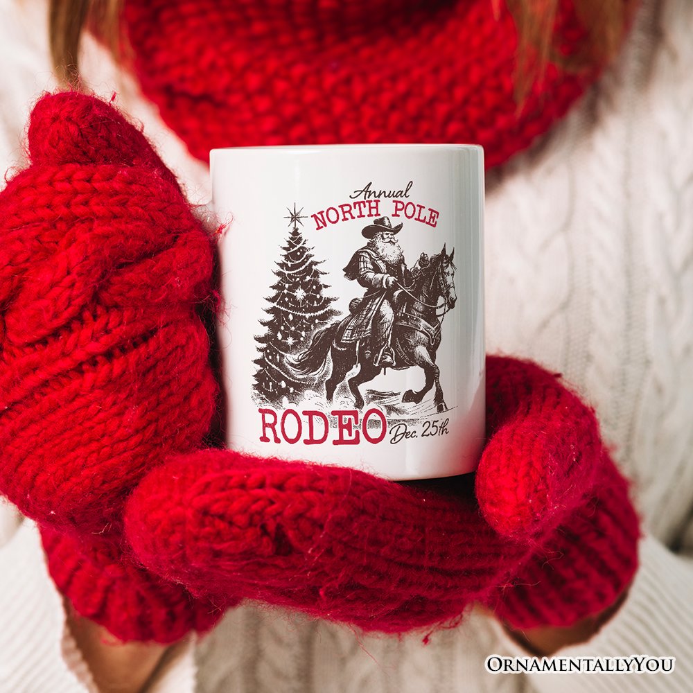 Annual North Pole Rodeo Personalized Mug, Funny Cowboy Santa Christmas Gift with Custom Name
