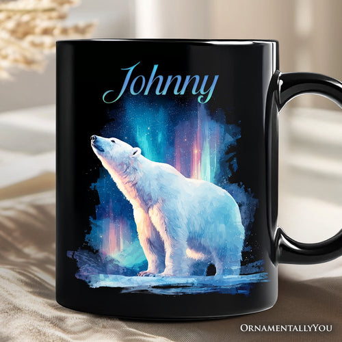 Arctic Aurora Polar Bear Personalized Mug, Northern Lights Wildlife Gift with Custom Name