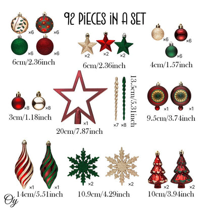 Alluring Large Christmas Ornament Set, Unique Red Green and Gold Baubles, 92 Charms and Snow Covered Trees with Dark Red Tree Topper