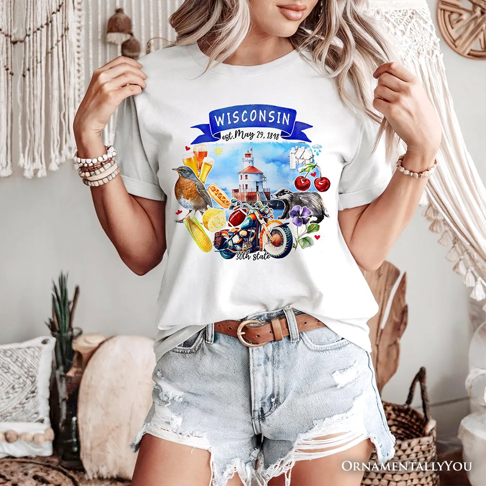 Artistic Wisconsin State Themes and Landmarks T-Shirt, Tee for History and Travel Lovers