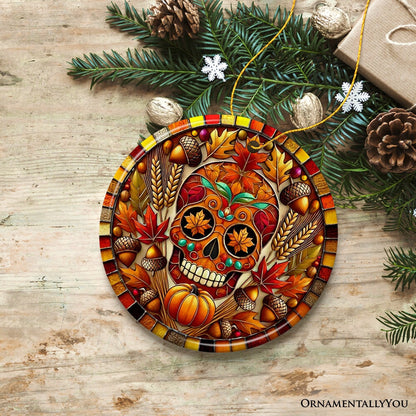 Autumn Harvest Sugar Skull Ornament, Vibrant Fall Foliage Christmas Gift and Decor
