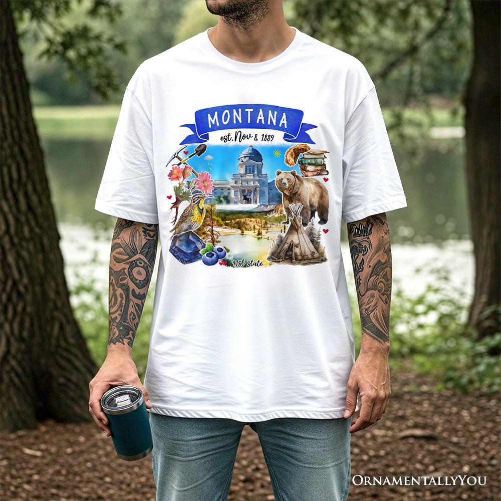 Artistic Montana State Themes and Landmarks T-Shirt, Tee for History and Travel Lovers