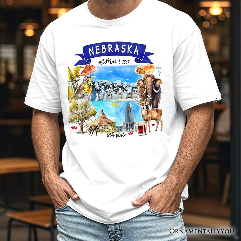 Artistic Nebraska State Themes and Landmarks T-Shirt, Tee for History and Travel Lovers
