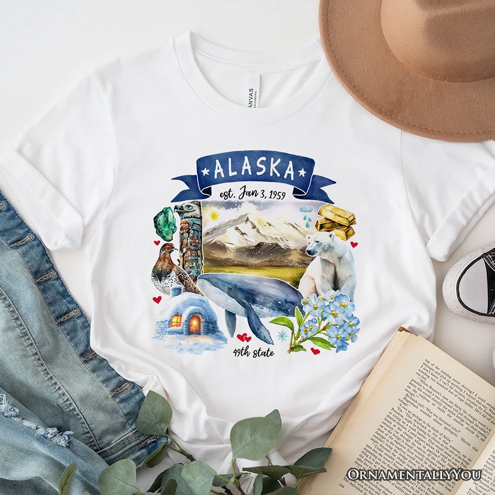 Artistic Alaska State Themes and Landmarks T-Shirt, Tee for History and Travel Lovers