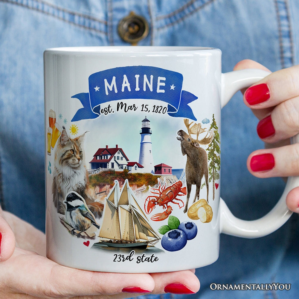 Artistic Maine State Themes and Landmarks Personalized Mug With Custom Name