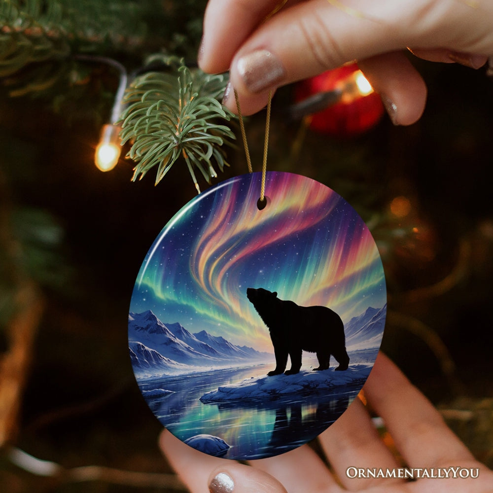 Arctic Aurora Polar Bear Ceramic Ornament, Northern Lights Wildlife Gift and Tree Decor
