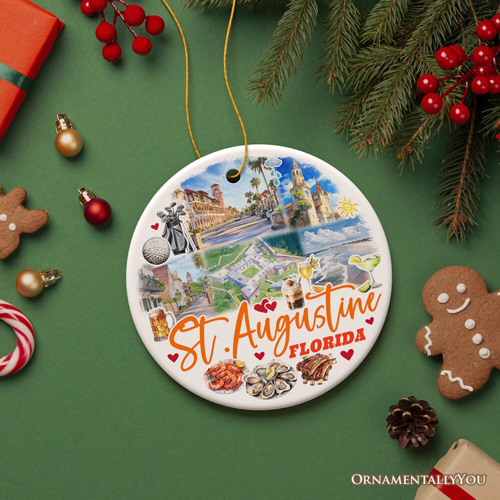 Artistic St. Augustine Ceramic Ornament, Florida Coastal City Historical Christmas Decoration