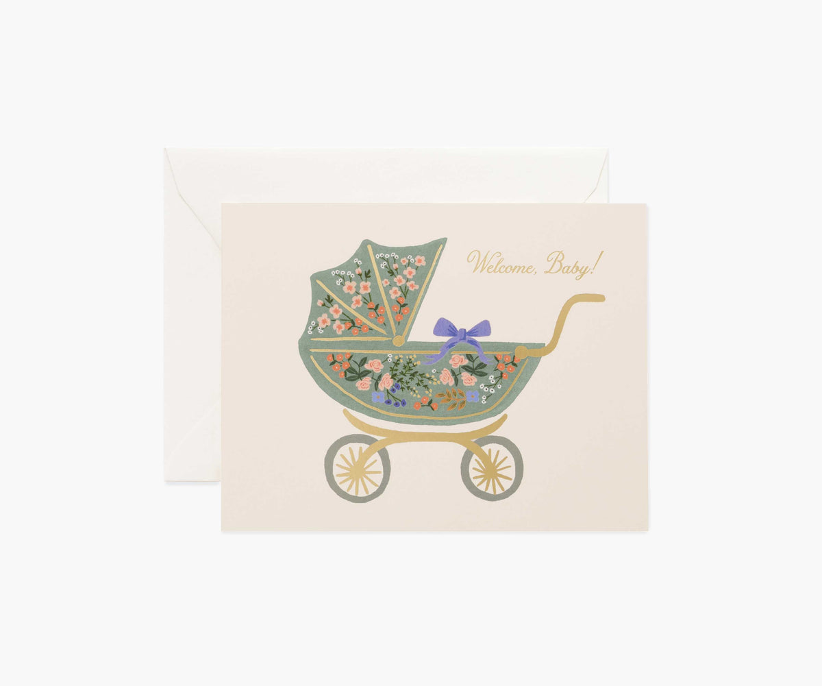 Floral Pram Baby Card - Single Card