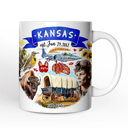 Artistic Kansas State Themes and Landmarks Personalized Mug With Custom Name