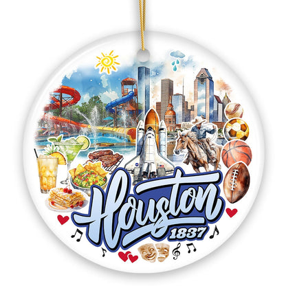 Artistic Houston Ceramic Ornament, Texas Souvenir with Vintage City Elements and Space Shuttle