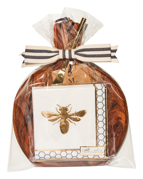 Acacia Bevel Board w/ Gold Spreader and Bee Beverage Napkins