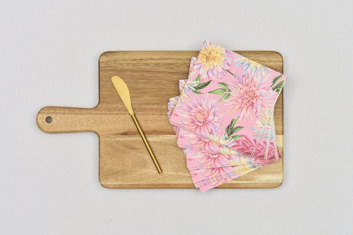 Acacia Wood Board With Gold Spreader and Dahlia Cocktail Napkins