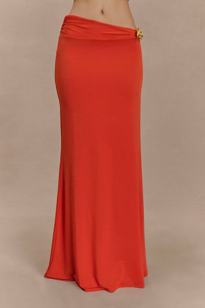 Ainsley Asymmetrical Maxi Skirt With Floral Hardware - Burnt Orange