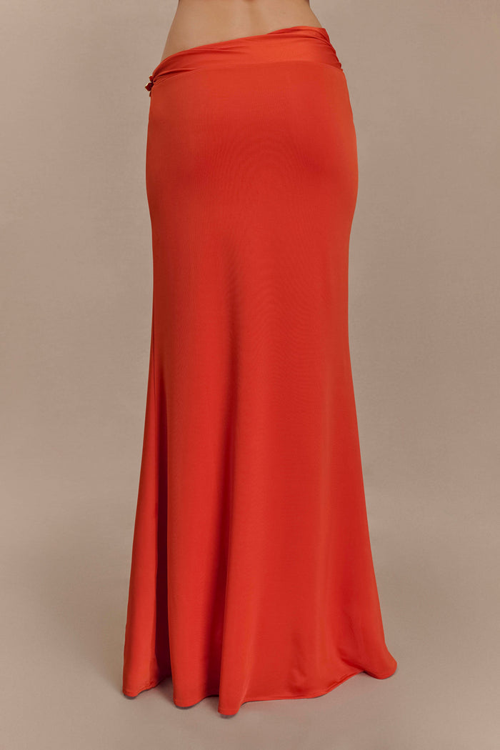 Ainsley Asymmetrical Maxi Skirt With Floral Hardware - Burnt Orange