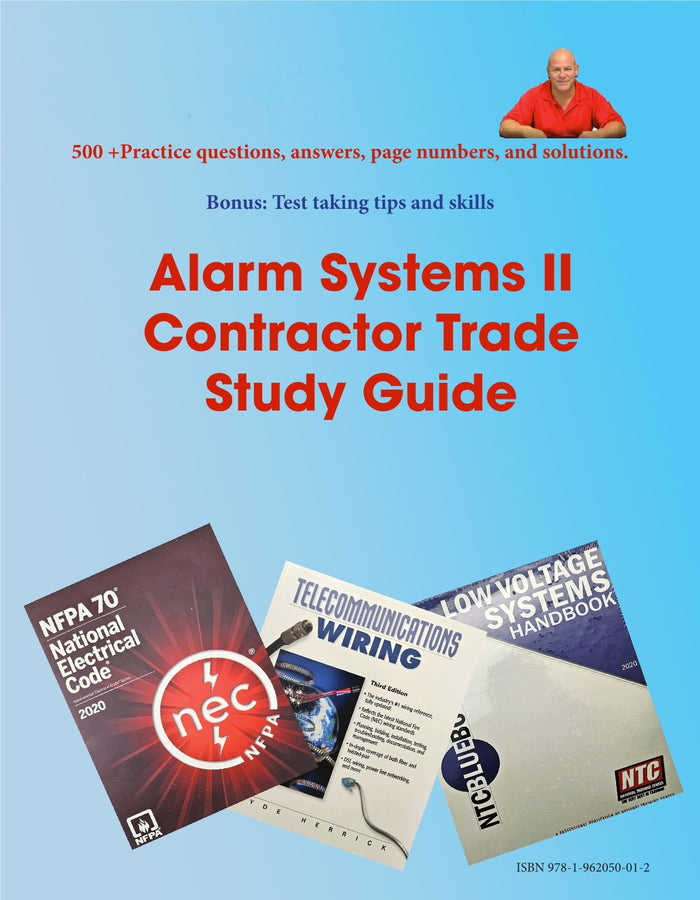 Front cover of Alarm Systems II Contractor Trade Study Guide with practice questions and reference books on blue background