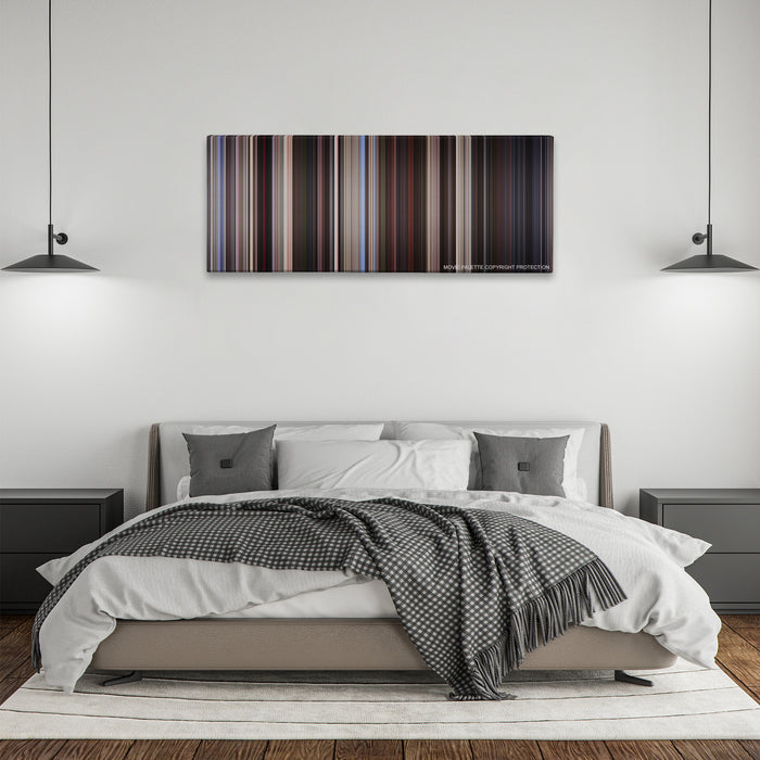 American Beauty color palette canvas above a bed, between two black pendant lamps