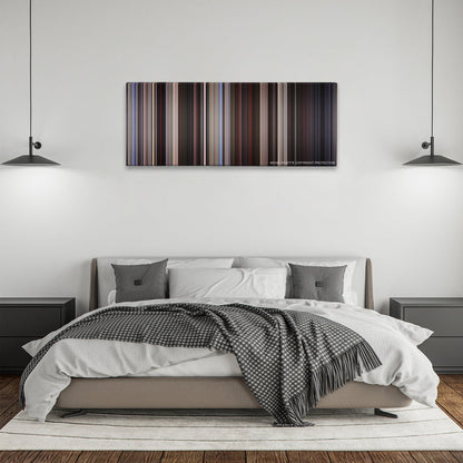 American Beauty color palette canvas above a bed, between two black pendant lamps