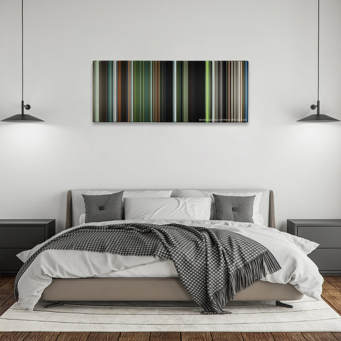 Annihilation color palette canvas above a bed, between two black pendant lamps