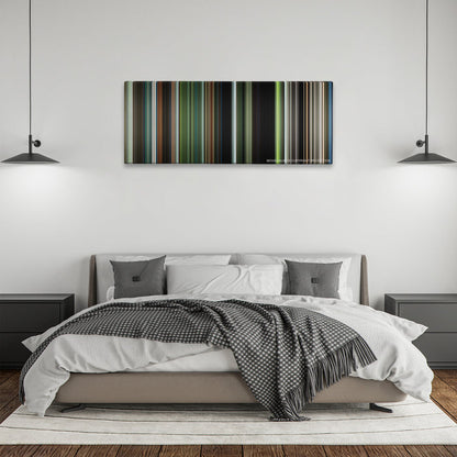 Annihilation color palette canvas above a bed, between two black pendant lamps