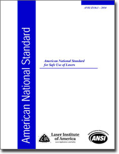 Cover of the 2014 ANSI American National Standard for Safe Use of Lasers with blue vertical stripe and certification logos