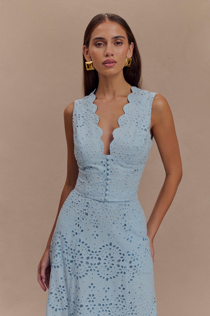 Arla Sleeveless Broderie Top - Pale Cornflower Blue